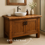 Handcrafted Solid Oak Bathroom Vanity – Live Edge Countertop with Double Doors – Rustic Modern Wood Design for Warm Natural Bathroom Interiors