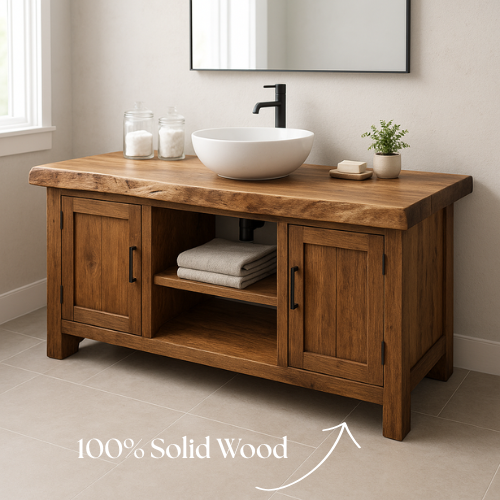 Handcrafted Solid Walnut Bathroom Vanity – Live Edge Wood Countertop with Double Cabinets & Open Shelf – Modern Rustic Design for Warm Spaces