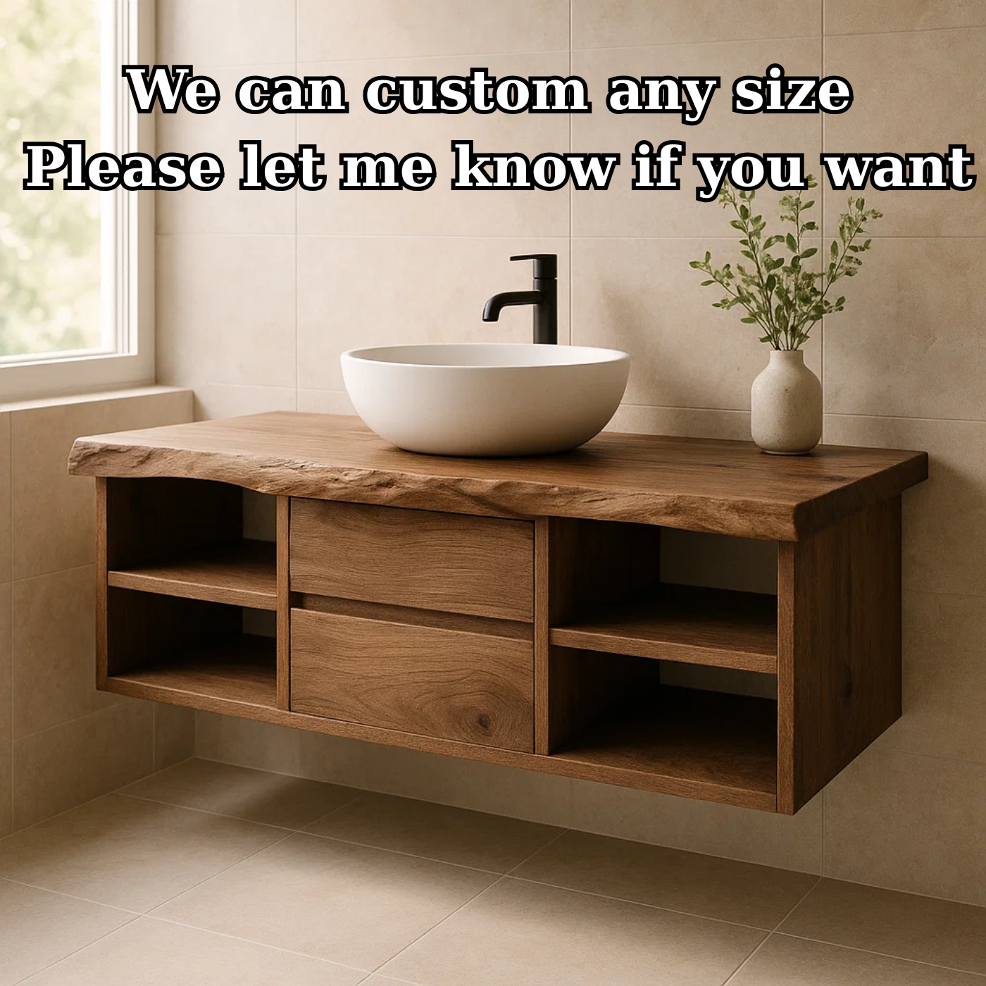 Handcrafted Solid Wood Floating Vanity - Live Edge Console with Central Drawers & Open Shelving