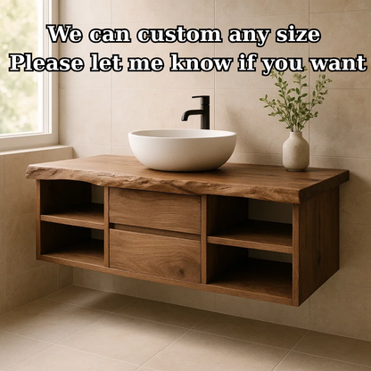 Handcrafted Solid Wood Floating Vanity - Live Edge Console with Central Drawers & Open Shelving