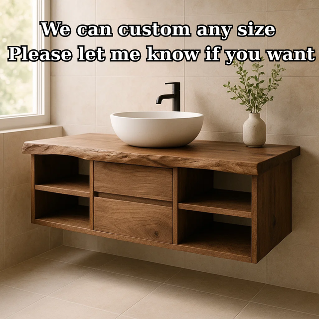 Handcrafted Solid Wood Floating Vanity - Live Edge Console with Central Drawers & Open Shelving