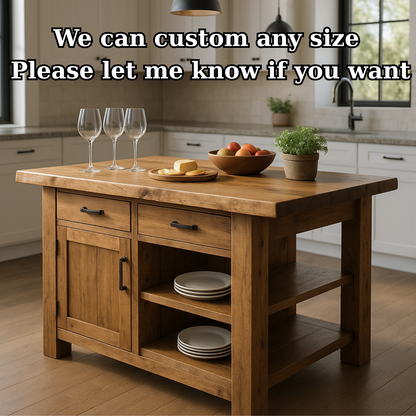 Handcrafted Solid Wood Kitchen Island - Live-Edge Top, Drawers & Cabinet