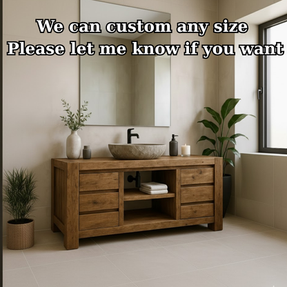 Handcrafted Solid Wood Bathroom Vanity - Wide Rustic Storage Cabinet with Drawers & Shelf