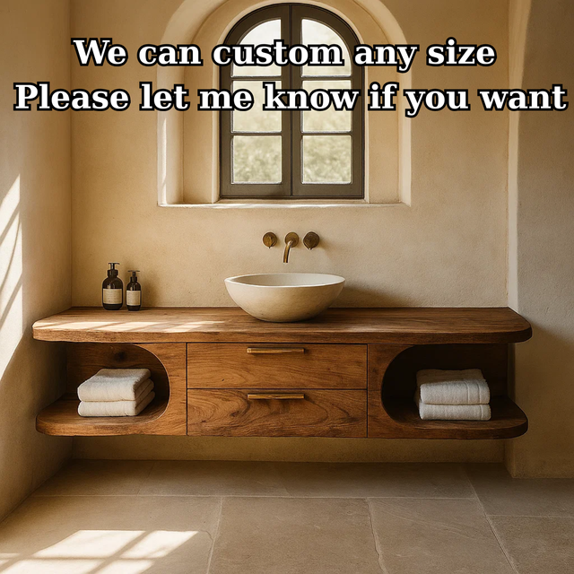 Handcrafted Solid Wood Floating Vanity - Organic Console with Curved Edges and Storage Nooks