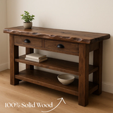 Handcrafted Solid Wood Live Edge Console Table – Walnut Finish with Drawers and Open Shelves