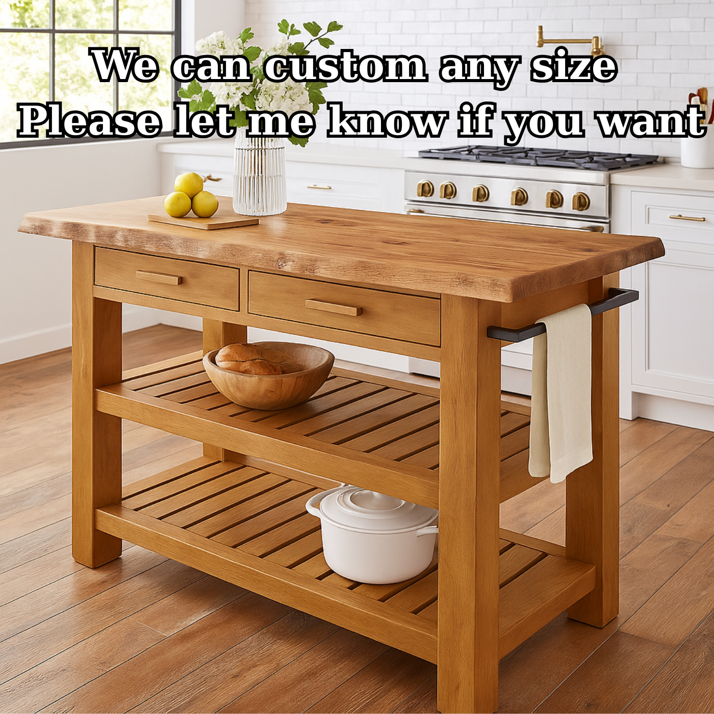 Handcrafted Solid Wood Kitchen Island - Slatted Shelves & Towel Bar
