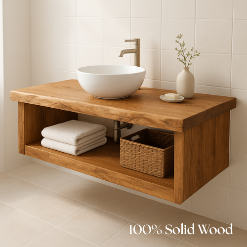 Handcrafted Floating Solid Wood Bathroom Vanity – Live Edge Countertop with Open Storage Shelf – Minimalist Natural Design