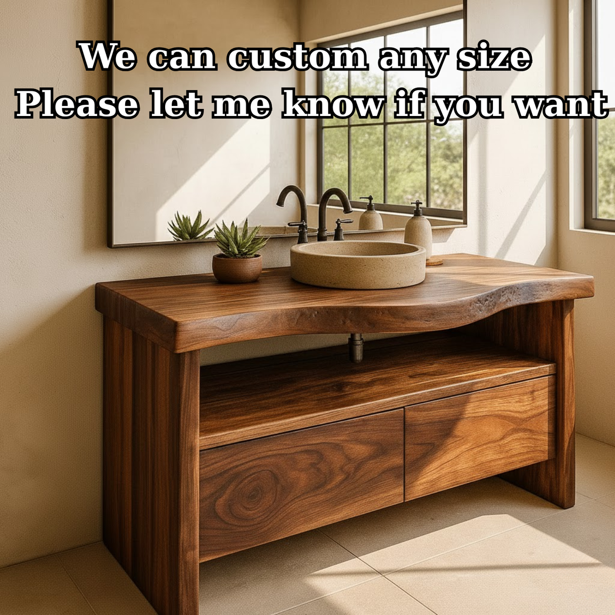 Handcrafted Solid Wood Bathroom Vanity with Live-Edge Walnut Top and Modern Storage Drawers