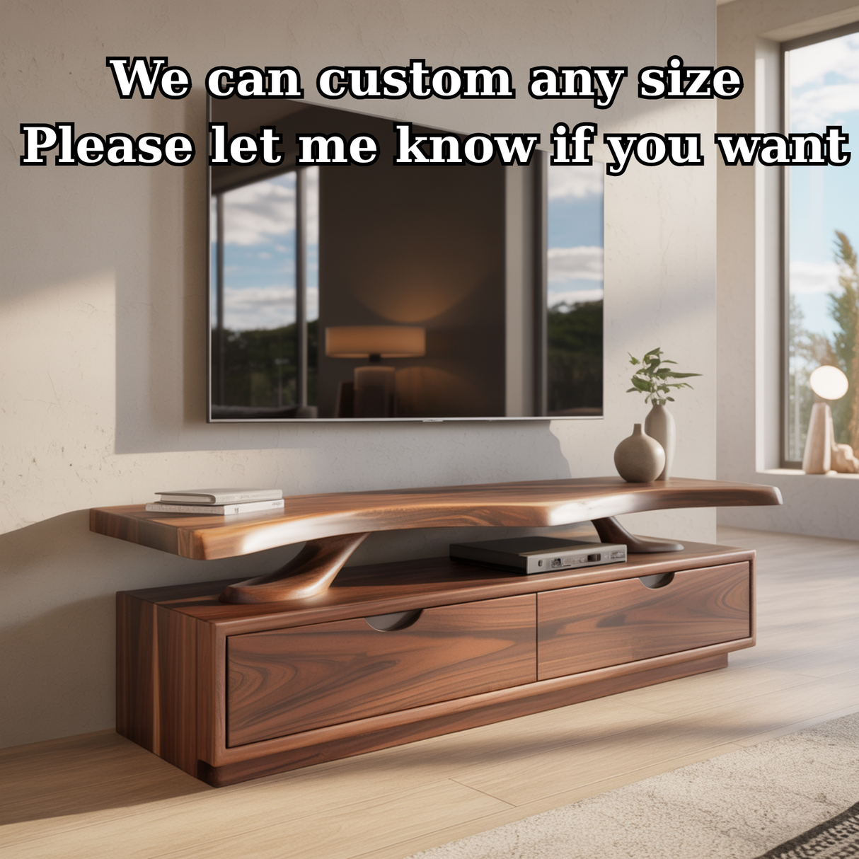 Handcrafted Solid Wood TV Stand with Sculpted Live-Edge Floating Shelf