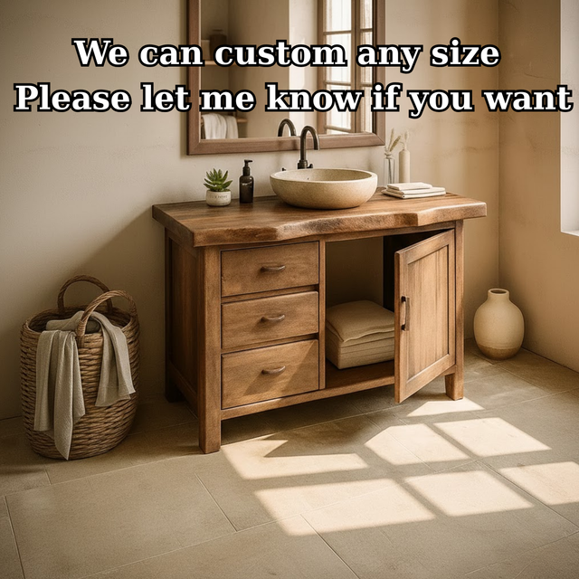 Handcrafted Solid Wood Bathroom Vanity with Live-Edge Top and Storage Drawers