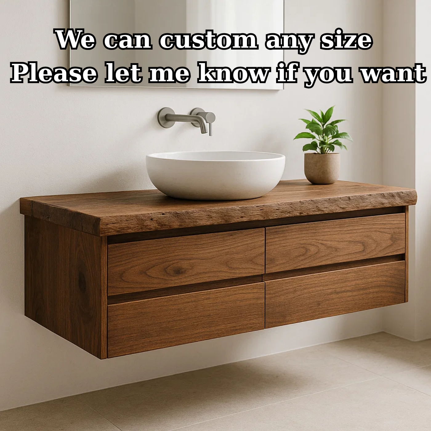 Handcrafted Solid Wood Floating Vanity - Live Edge Walnut Console with Max Storage 4-Drawer
