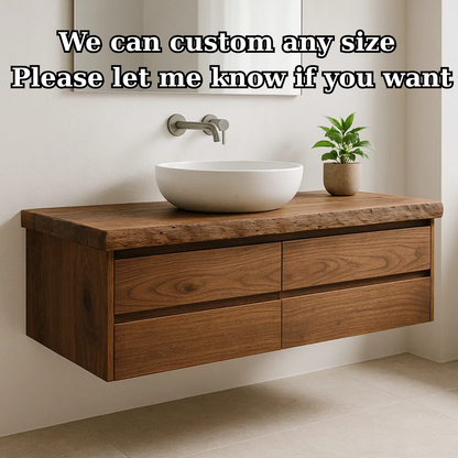 Handcrafted Solid Wood Floating Vanity - Live Edge Walnut Console with Max Storage 4-Drawer
