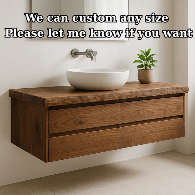 Handcrafted Solid Wood Floating Vanity - Live Edge Walnut Console with Max Storage 4-Drawer