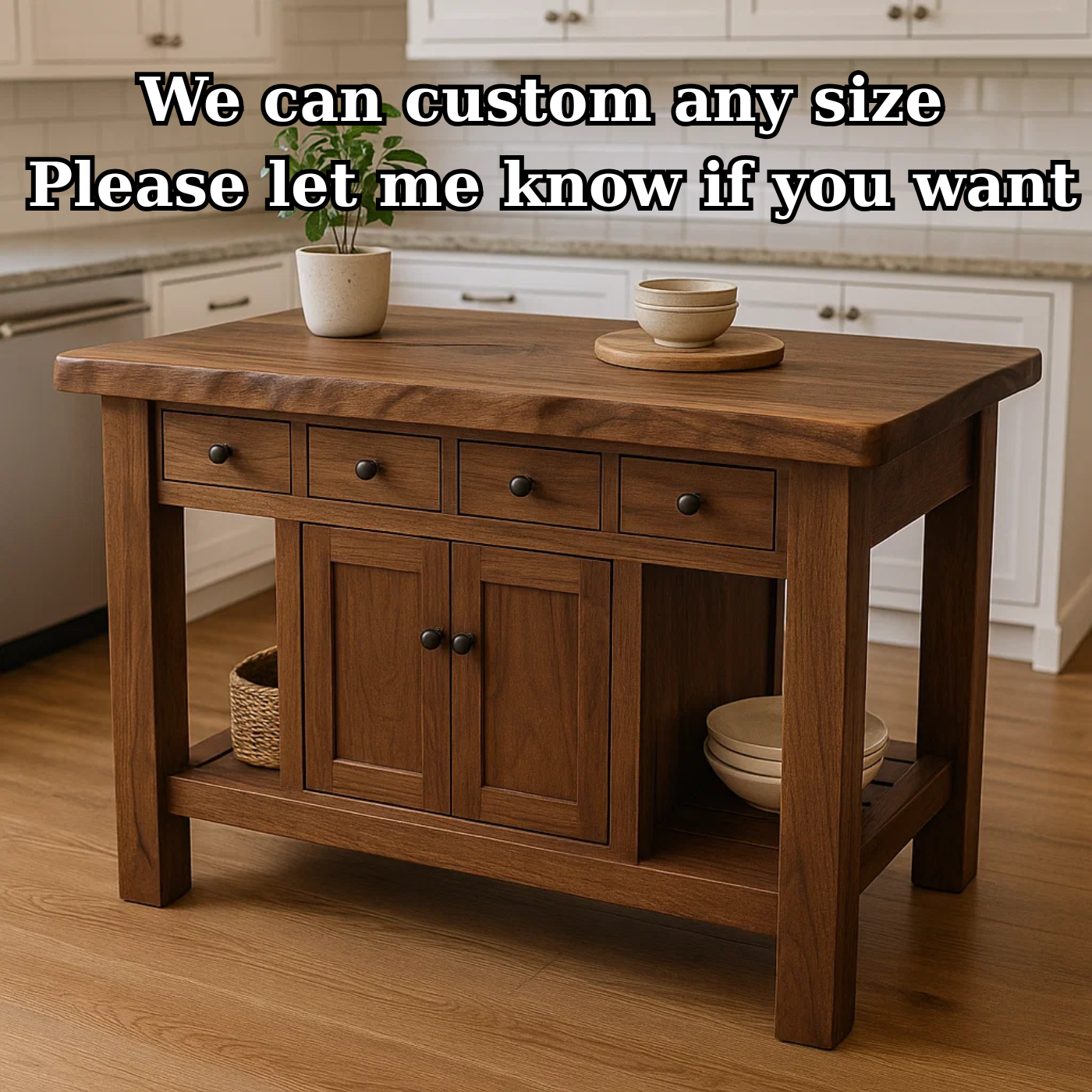 Handcrafted Solid Wood Kitchen Island - 4 Drawers & Cabinet Storage