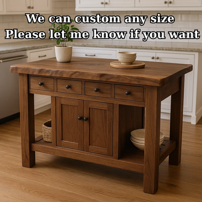 Handcrafted Solid Wood Kitchen Island - 4 Drawers & Cabinet Storage