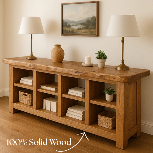 Handcrafted Solid Wood Live Edge Console Table – Rustic Oak with Open Cubby Shelves