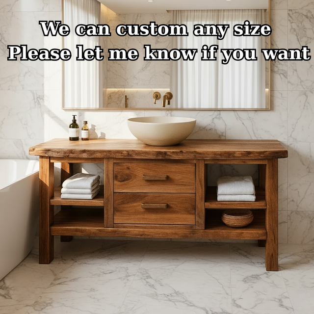 Handcrafted Solid Wood Bathroom Vanity - Live Edge Top, 2 Drawers & Open Frame Shelving