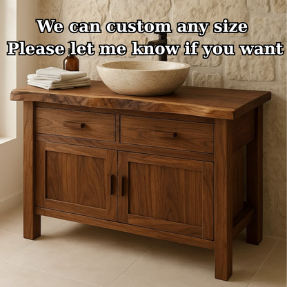 Handcrafted Solid Wood Bathroom Vanity - Live Edge Top Cabinet with Drawers & Doors