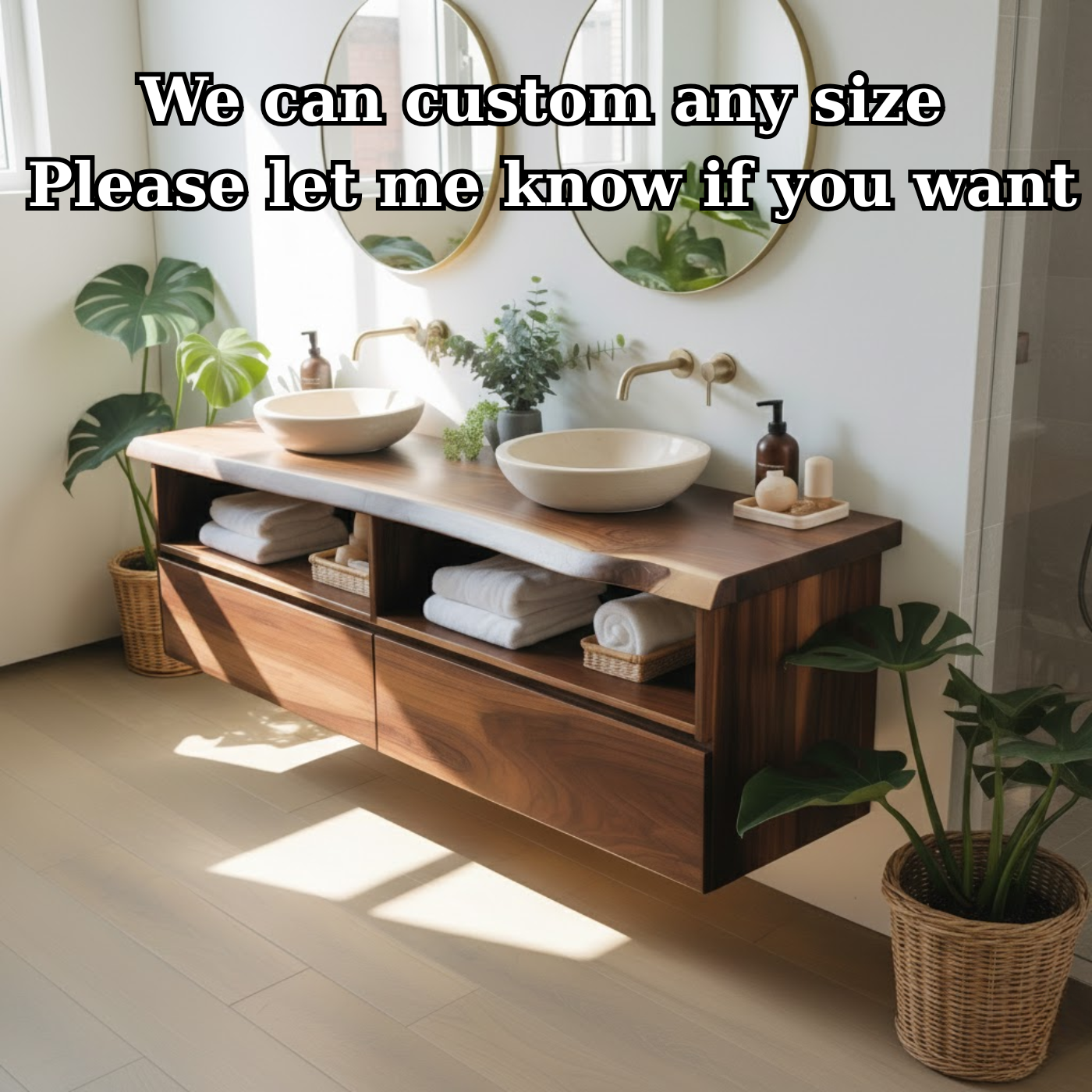 Handcrafted Solid Wood Floating Bathroom Vanity with Open Shelves & Soft-Close Drawers
