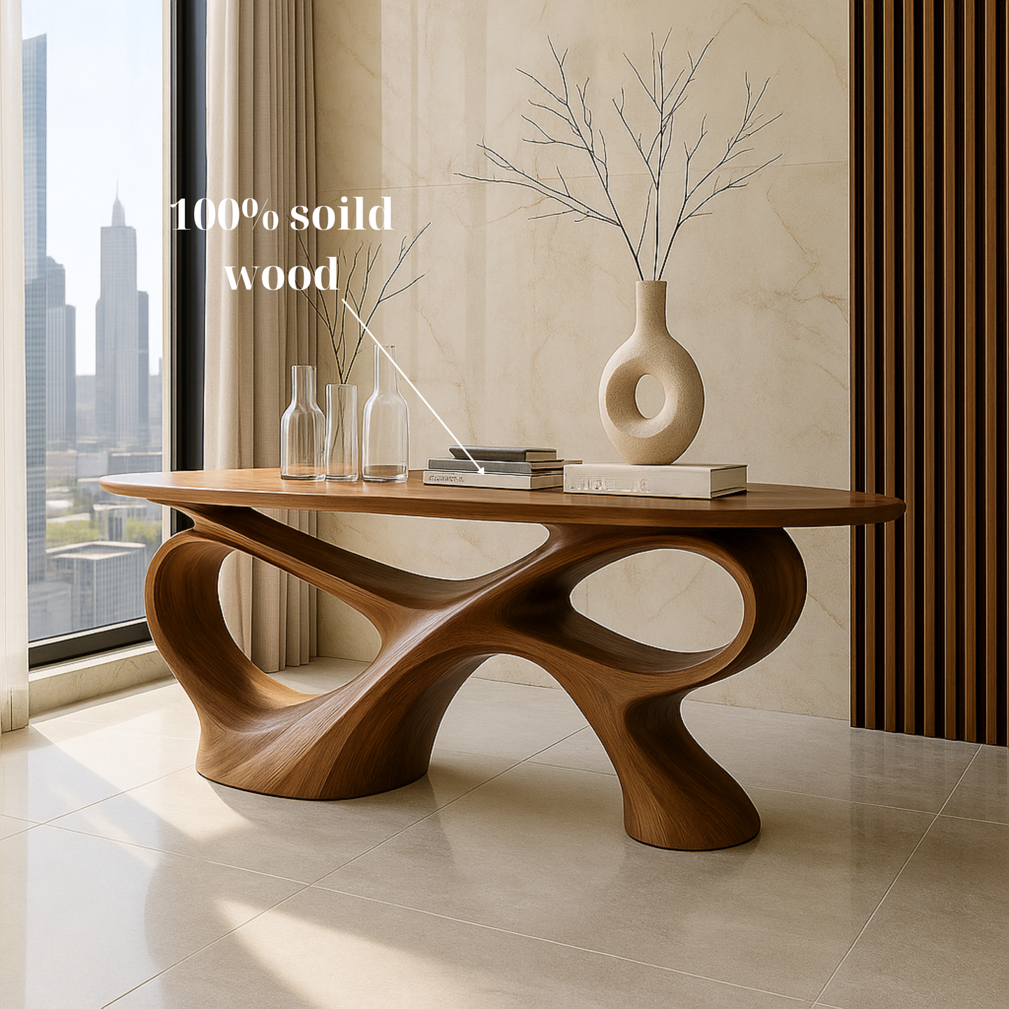 Handcrafted Solid Wood Sculptural Console Table – Contemporary Organic Style