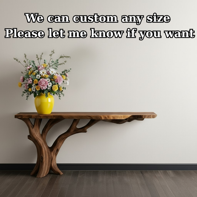 Handcrafted Solid Wood Console Table with Organic Branch Base and Live Edge Top