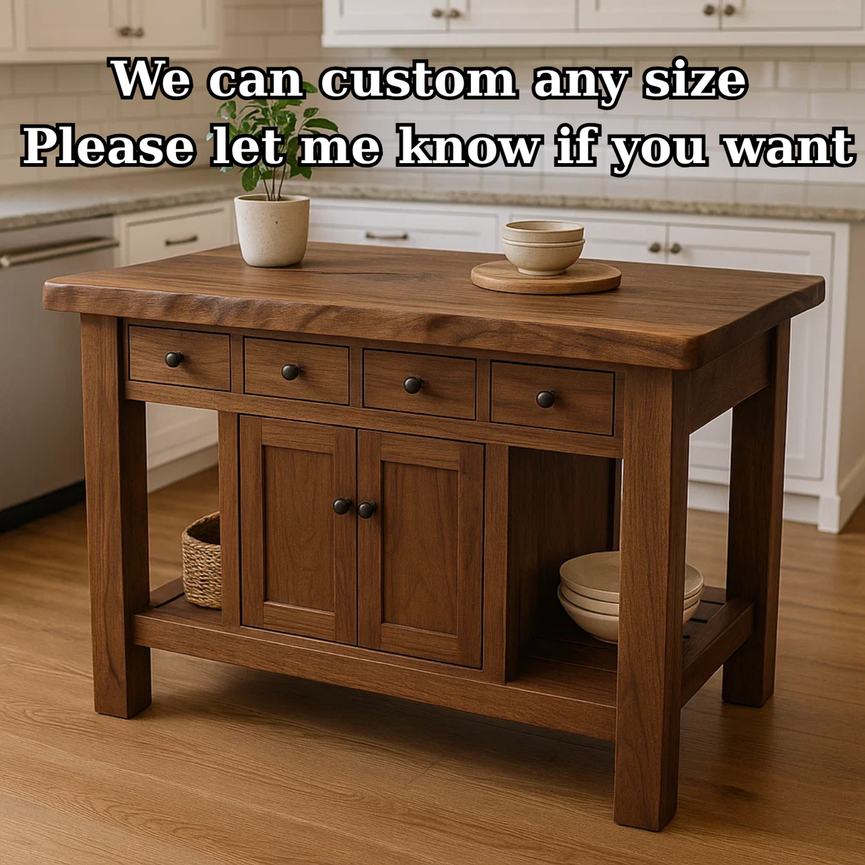 Handcrafted Solid Wood Kitchen Island - 4 Drawers & Cabinet Storage