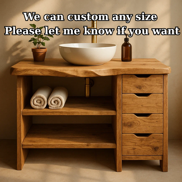 Handcrafted Solid Wood Bathroom Vanity with Live Edge Oak Top and 4 Drawers