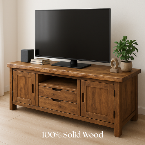 Handcrafted Solid Wood TV Stand with Live Edge Top – Rustic Natural Console Table for Living Room