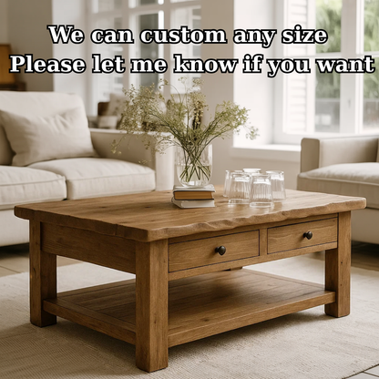 Handcrafted Solid Wood Coffee Table – Natural Slab Top with Two-Drawer Design