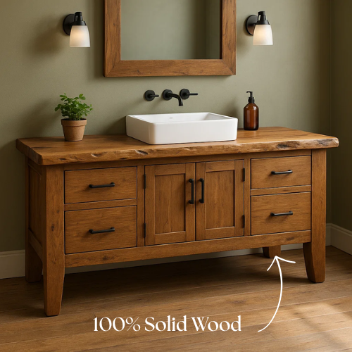 Handcrafted Rustic Solid Wood Bathroom Vanity – Live Edge Top with Four Drawers and Center Cabinet