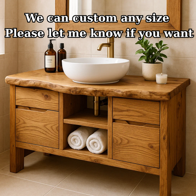 Handcrafted Solid Wood Bathroom Vanity with Live Edge Oak Top and Storage Shelves