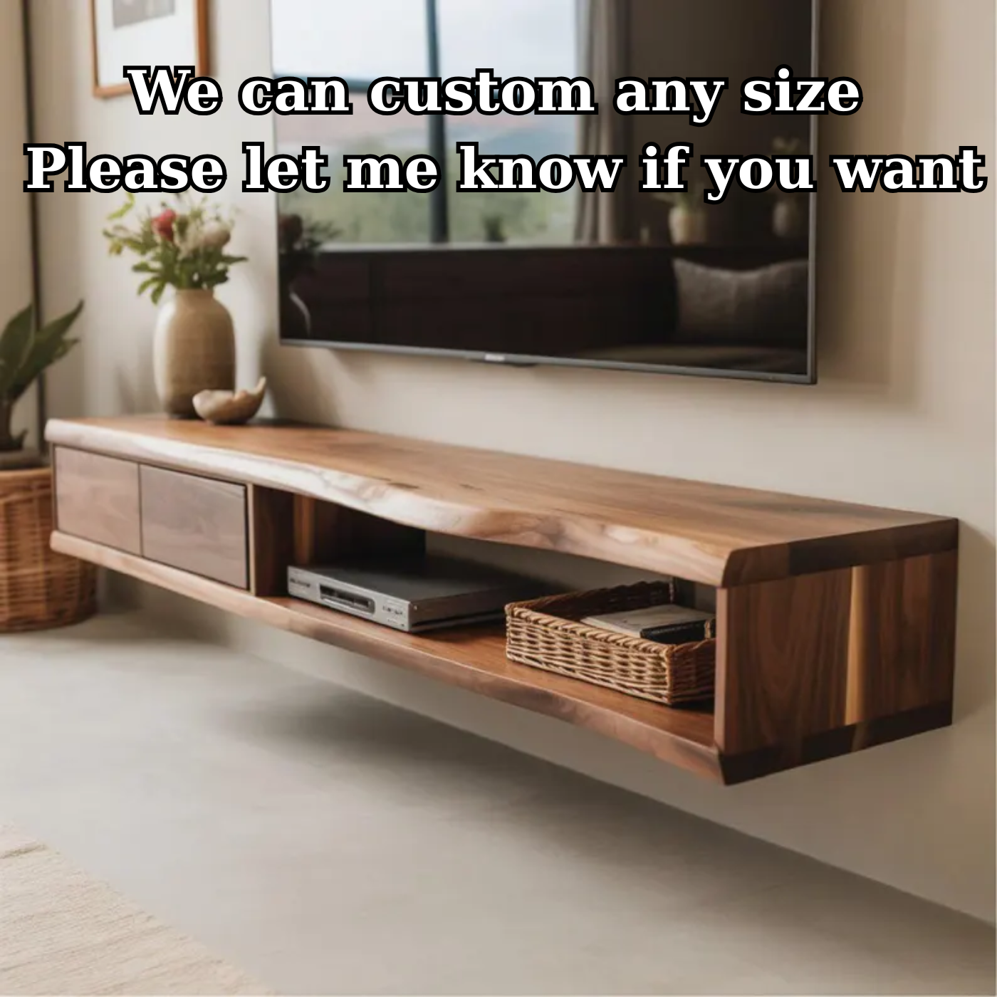 Handcrafted Solid Wood Floating TV Stand, Live Edge Media Console, Wall-Mounted