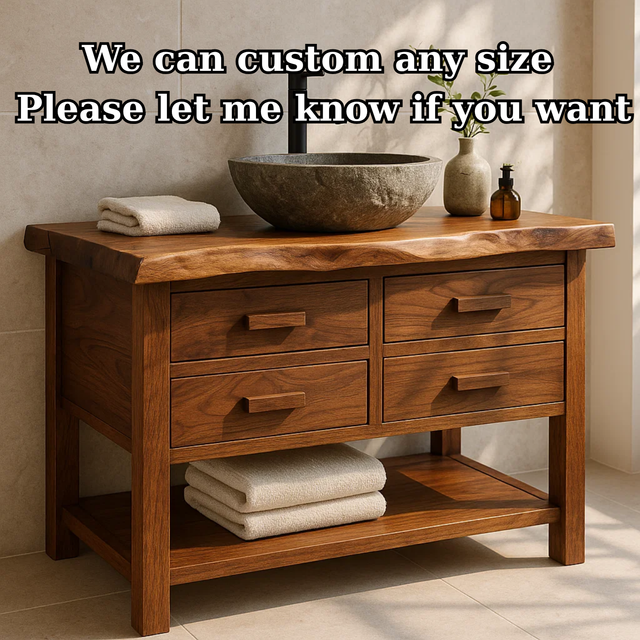 Handcrafted Solid Wood Bathroom Vanity with Live Edge Top and 4 Drawers