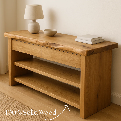 Handcrafted Solid Wood Live Edge Console Table – Natural Oak with Drawers and Open Shelves