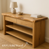Handcrafted Solid Wood Live Edge Console Table – Natural Oak with Drawers and Open Shelves