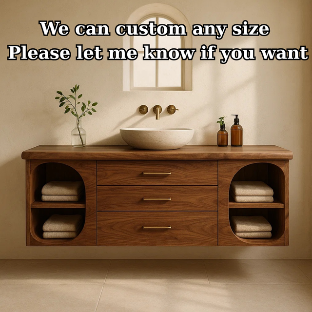 Handcrafted Solid Wood Floating Vanity - Modern Wall-Mounted Cabinet with Arches