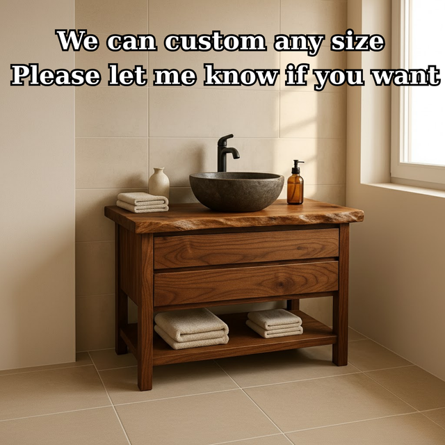 Handcrafted Solid Wood Bathroom Vanity - Live Edge Dark Wood Cabinet & Open Shelf