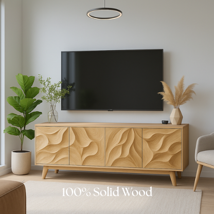 Handcrafted Solid Oak TV Stand with 3D Wave Carved Doors – Modern Artistic Console Table for Living Room