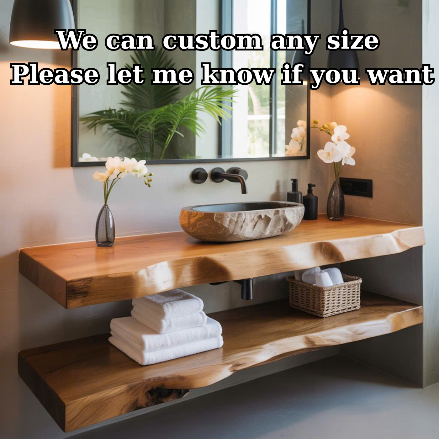 Handcrafted Solid Wood Floating Vanity, Organic Live Edge Vessel Sink Console