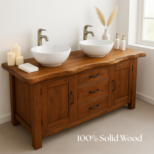 Handcrafted Double Sink Bathroom Vanity – Solid Wood Live Edge Countertop with Drawers & Cabinets – Rustic Modern Design for Natural Interiors