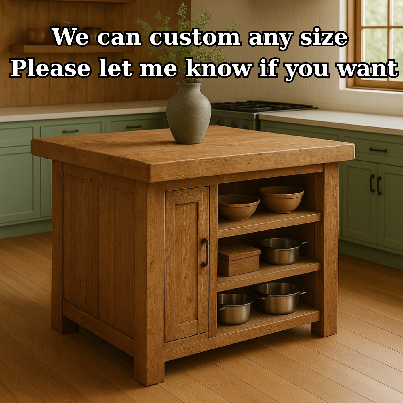 Handcrafted Solid Wood Kitchen Island - Square Shape, Cabinet & Shelves