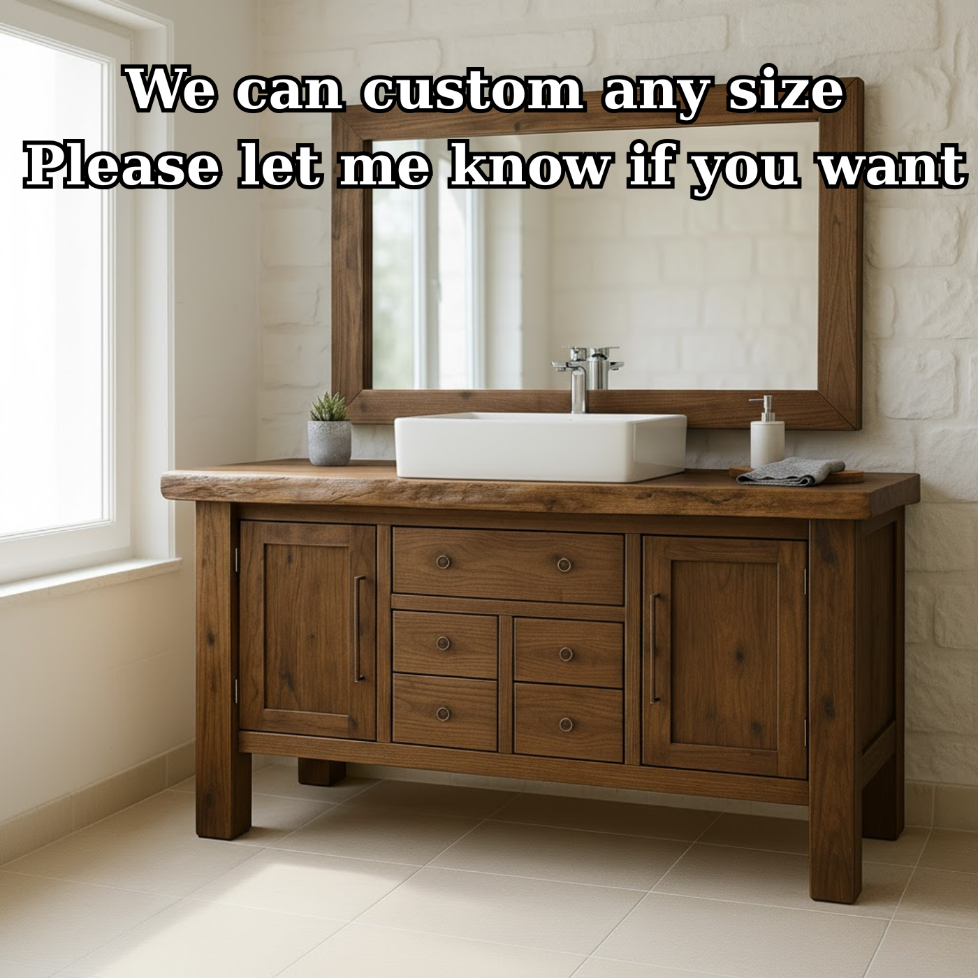 Handcrafted Solid Wood Bathroom Vanity - Live Edge Top, Cabinets, Drawers & Vessel Sink Base