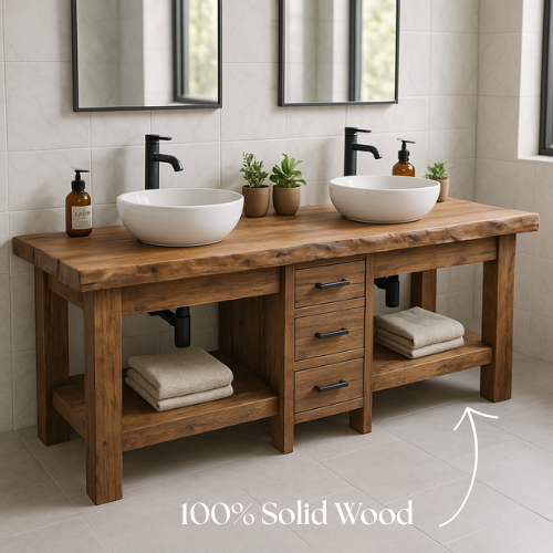 Handcrafted Solid Wood Double Bathroom Vanity – Live Edge Top with 3 Drawers & Open Shelves