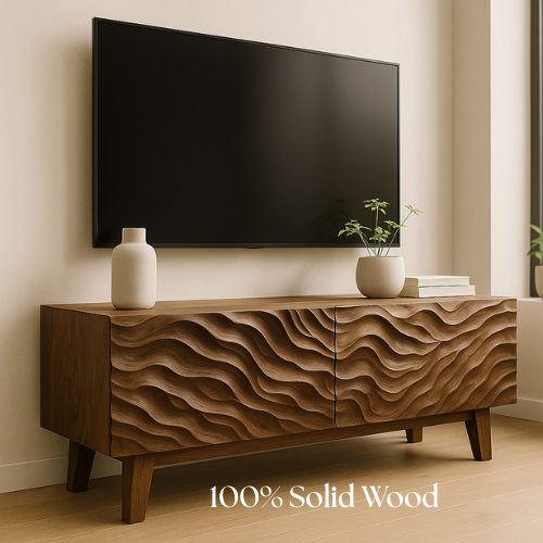 Handcrafted Solid Walnut TV Stand with 3D Wave Texture – Modern Sculpted Wood Media Console