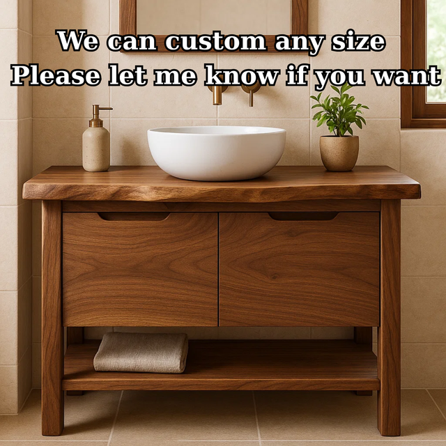 Handcrafted Solid Wood Bathroom Vanity with Live Edge Walnut Top and Open Shelf