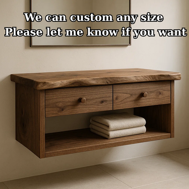 Handcrafted Solid Wood Floating Vanity - Live Edge Walnut Console with 2 Drawers & Open Shelf