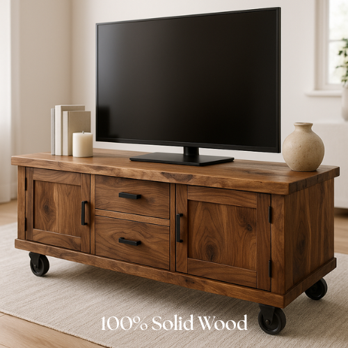 Handcrafted Solid Walnut TV Stand with Live Edge Top and Locking Wheels – Rustic Industrial Media Console
