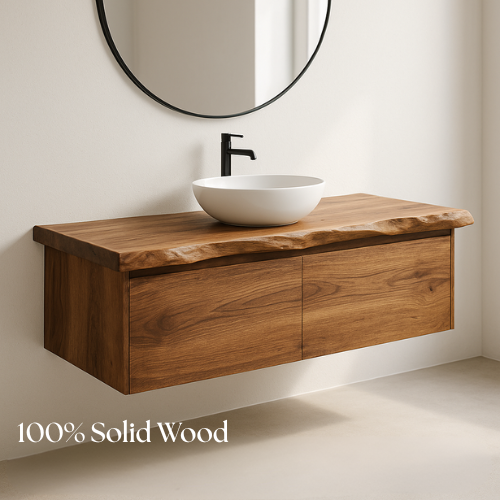 Handcrafted Floating Solid Wood Bathroom Vanity – Live Edge Countertop with Hidden Drawers – Modern Rustic Wall-Mount Design