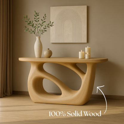 Handcrafted Solid Wood Sculptural Console Table – Light Oak Organic Form