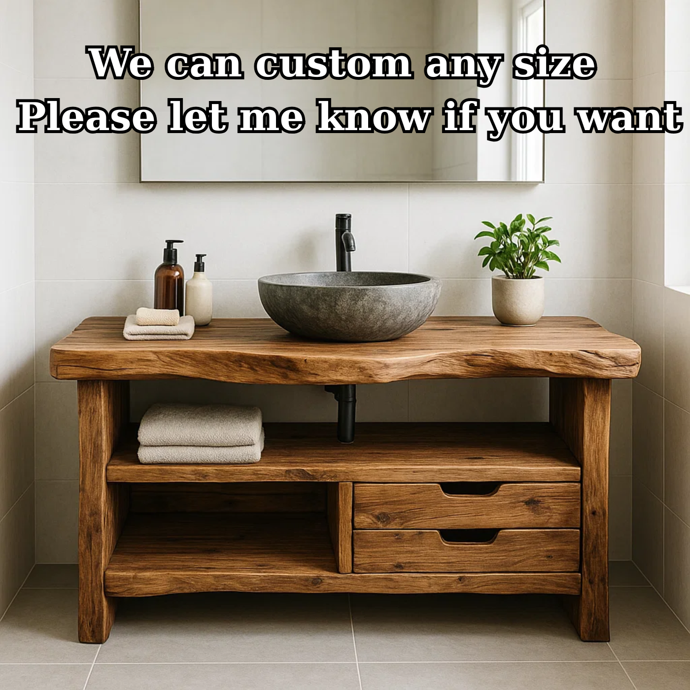 Handcrafted Solid Wood Bathroom Vanity, Rustic Live Edge Console with Storage